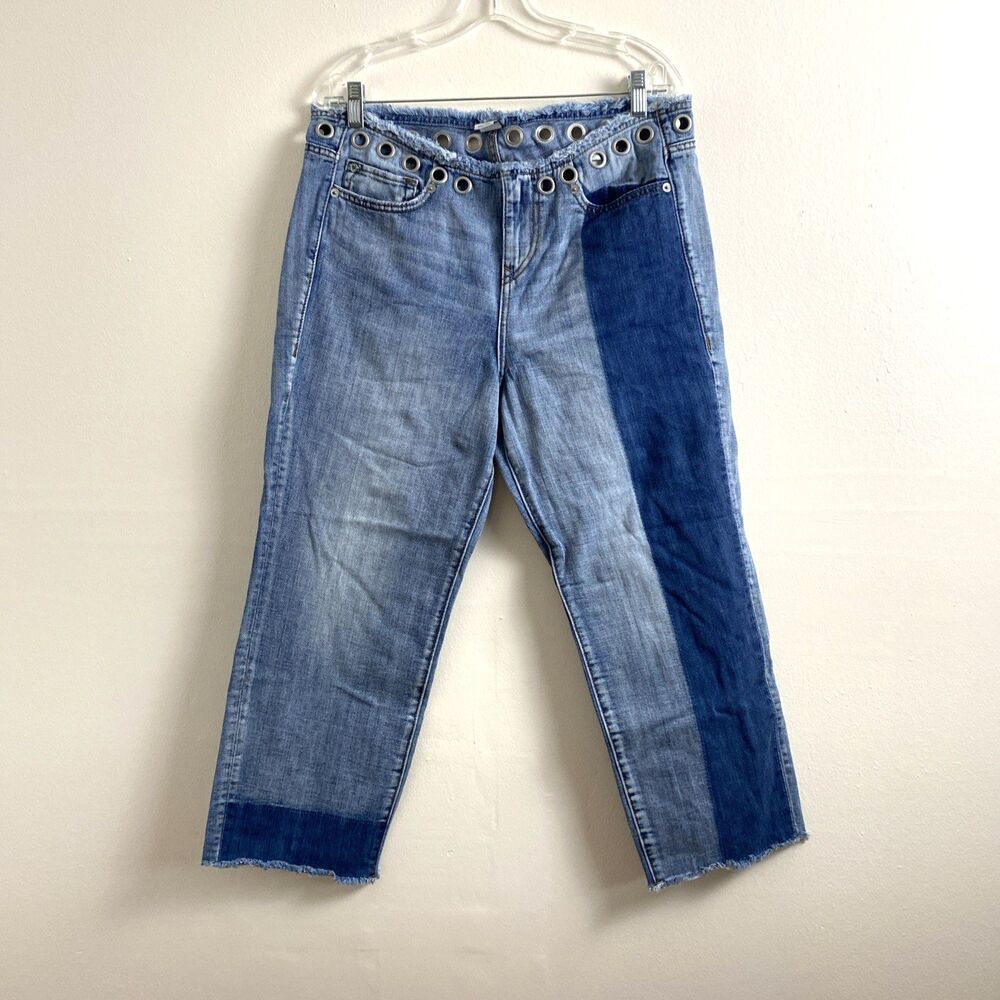 True Religion Starr Jeans Women’s 32 Cropped Relaxed Straight Grommet Patched